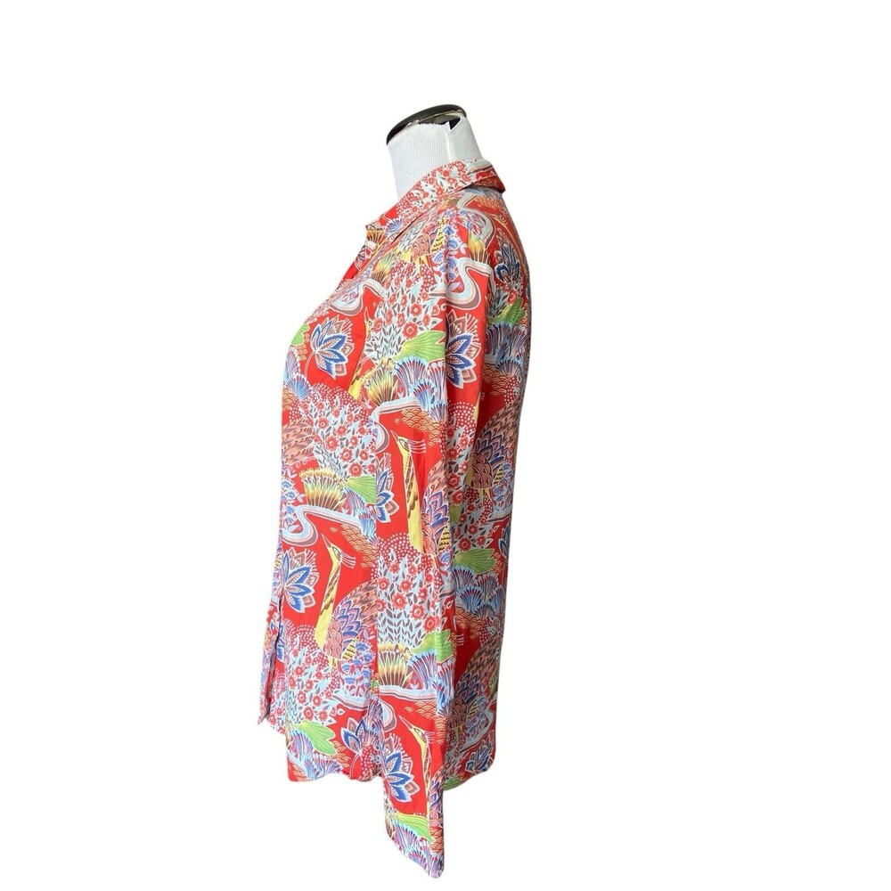 J.‎ McLaughlin Womens Lois Shirt Size S Red Paradise Tropical Ornate Birds Artsy - Picture 2 of 15